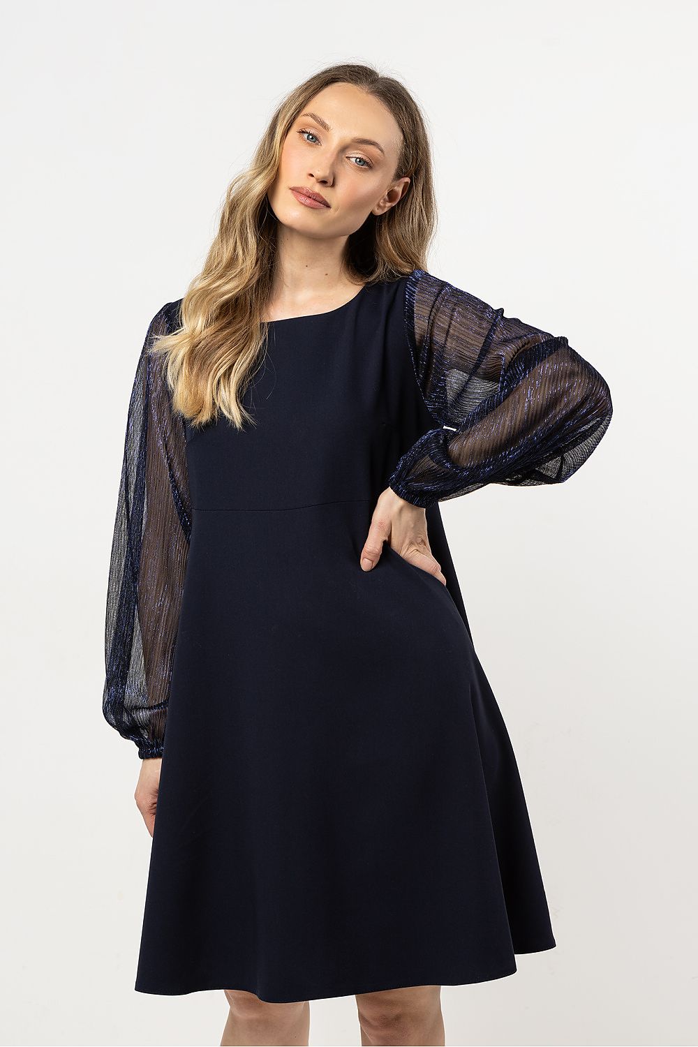 trapeze cocktail dress with sleeves Nu 3/4 Sleeve 28174-2 Sympli Just Girls Boutique and convenient inseam pockets Long Sleeve Trapeze Dress by