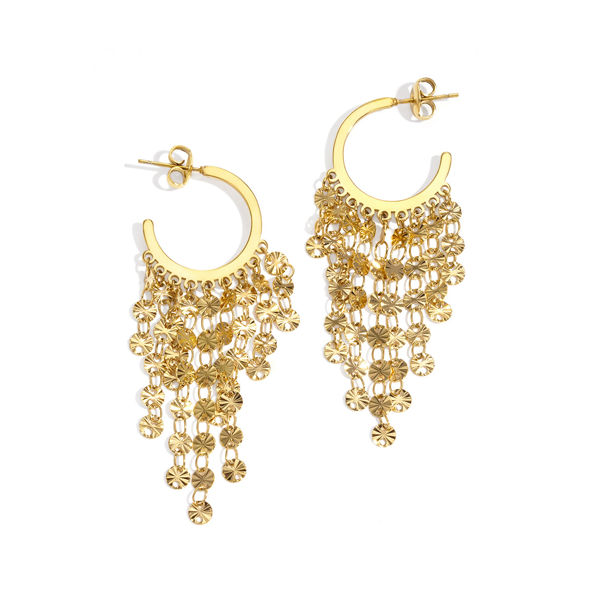 Gold hoop earrings with multiple strands of small, circular, star-shaped charms.