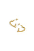 Gold heart hoop earrings with post backings on a white background.