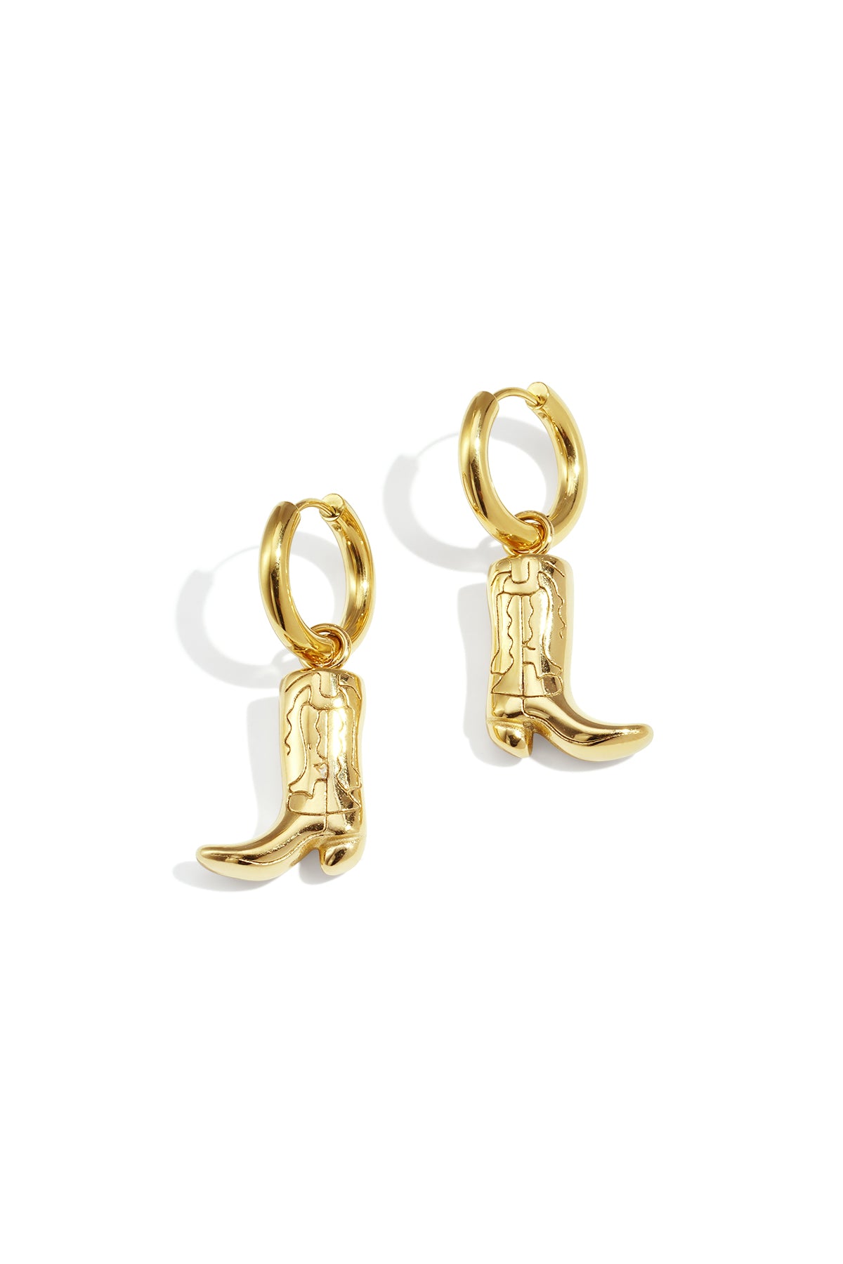 Gold cowboy boot drop earrings with hoop closures