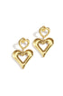 Gold heart drop earrings with a smaller heart stud.