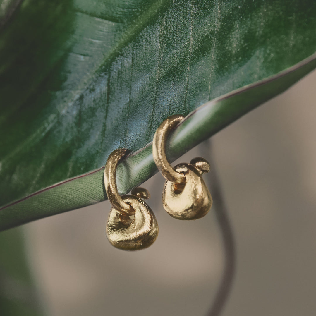 Gold-colored, matte finish Sierra drop earrings with sculptural, irregular shapes hanging from a green leaf.