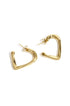 Gold heart hoop earrings with post backs on a white background.