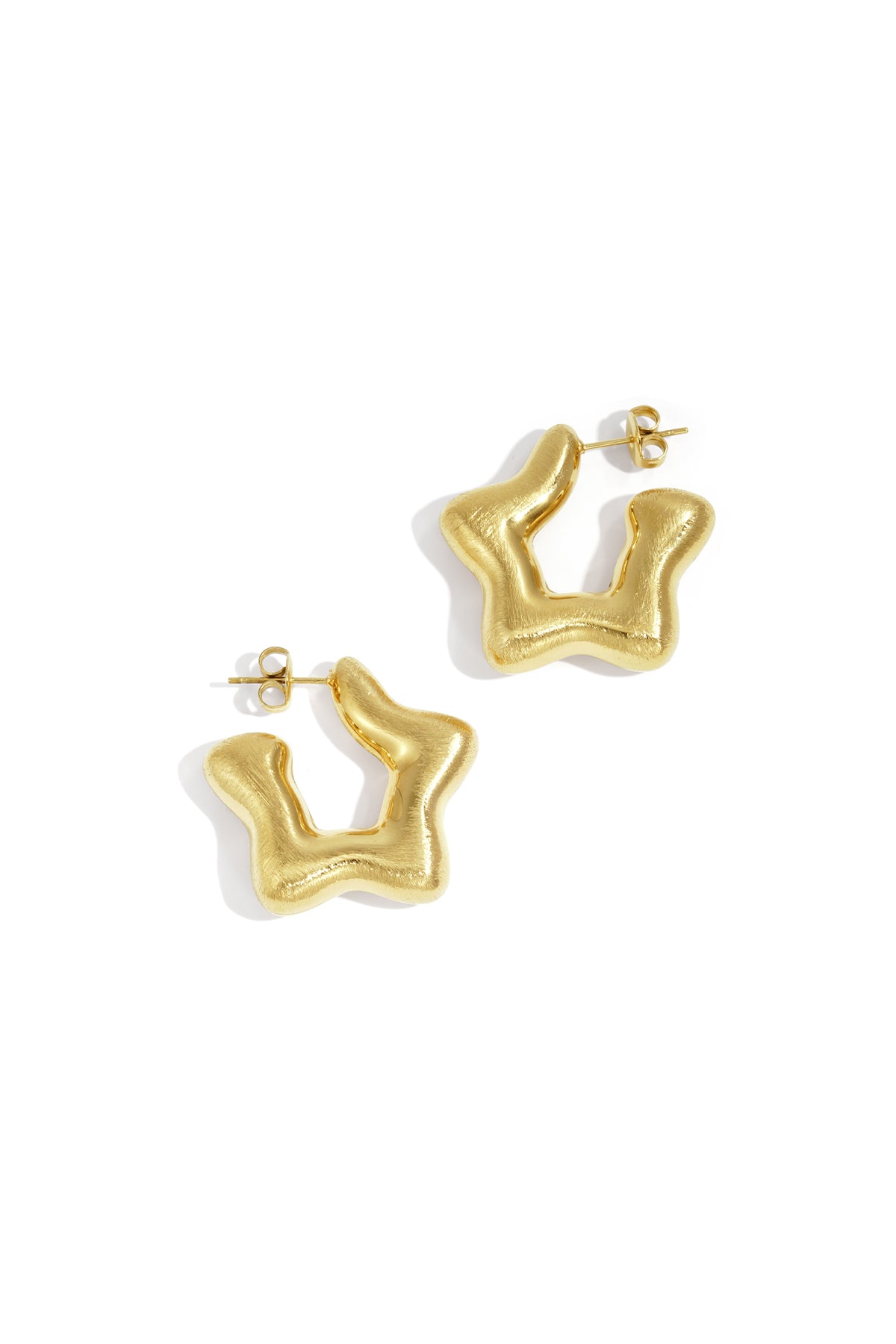 Gold celestial star hoop earrings with a brushed finish.