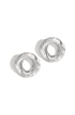 Two silver, textured, circular Aura Statement Earrings on a white background.