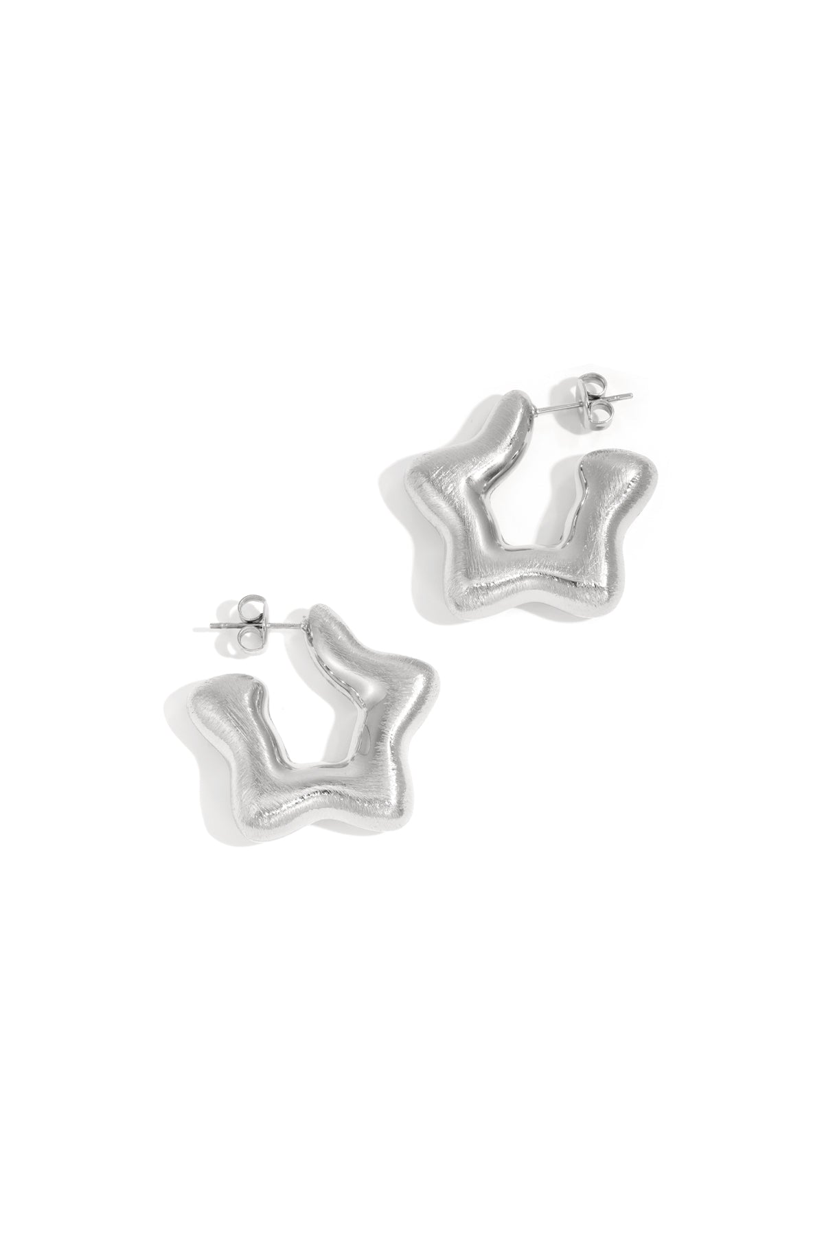 Silver celestial star hoop earrings with a brushed finish.
