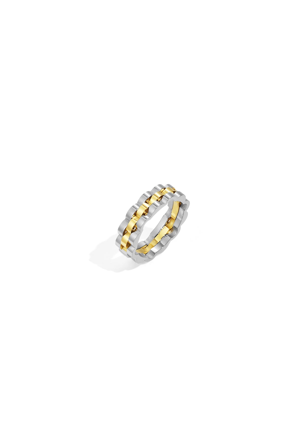 Irregular minimalist ring with interlocking gold and silver links.