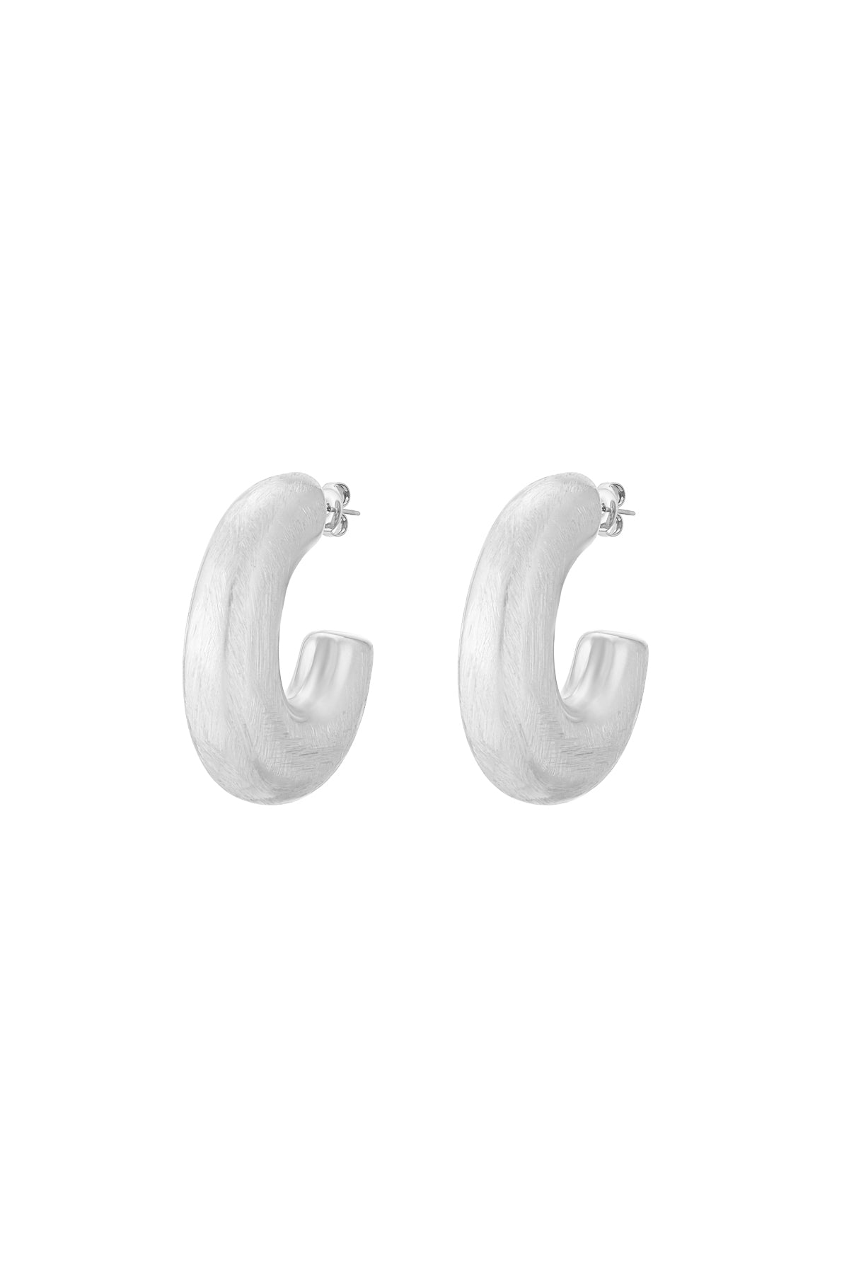 Pair of silver Elysian Hoop Earrings with a brushed finish.