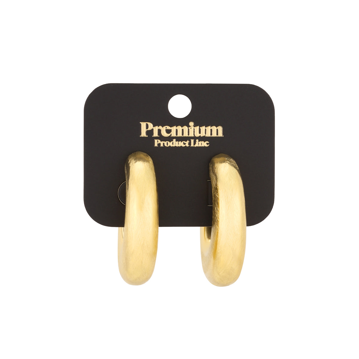 Gold hoop earrings on a black card with 'Premium Product Line' printed in gold.