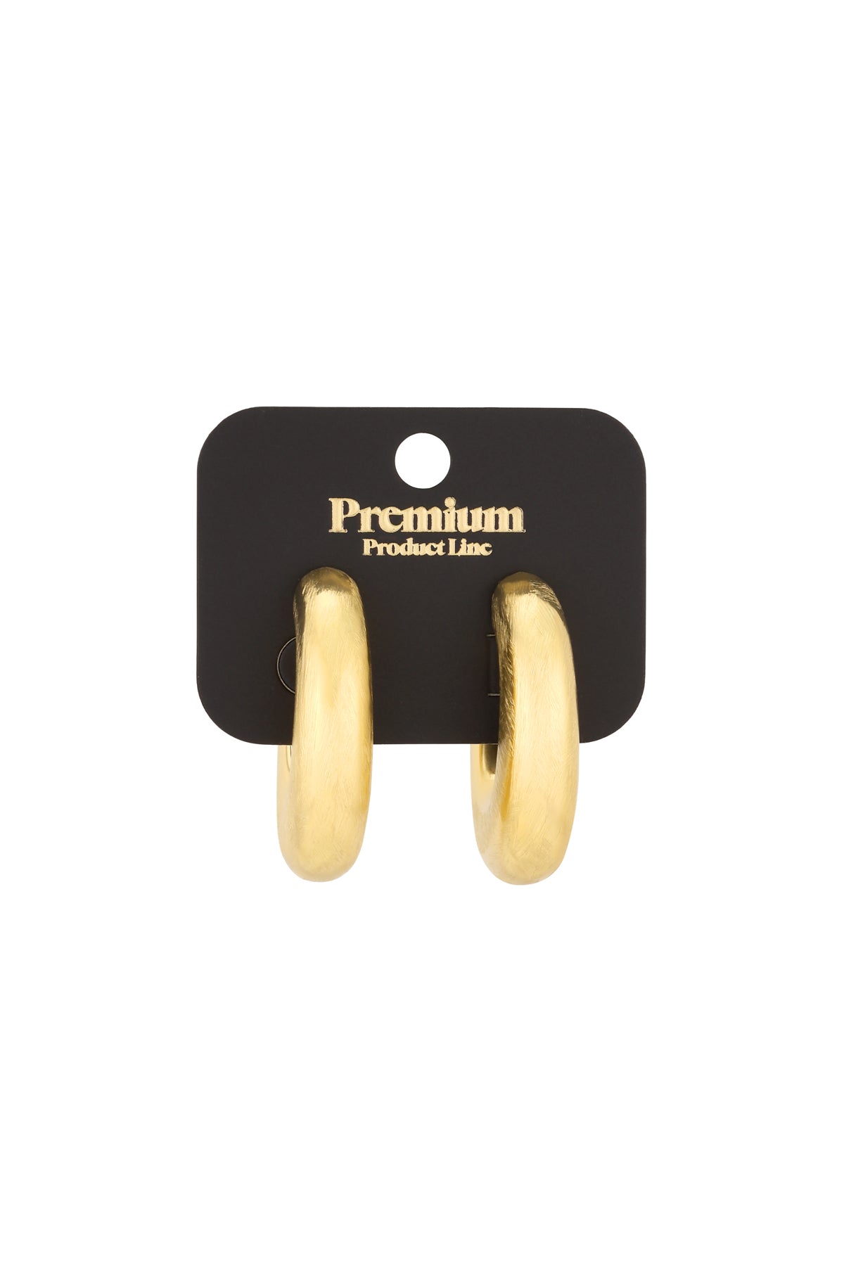Gold hoop earrings on a black card with 'Premium Product Line' printed in gold.