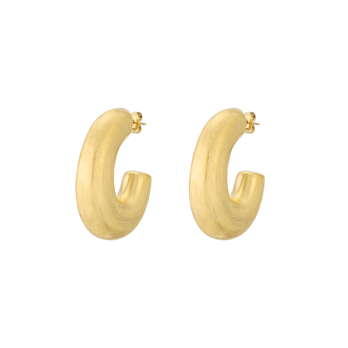 Pair of gold-colored, brushed finish hoop earrings with a geometric shape.