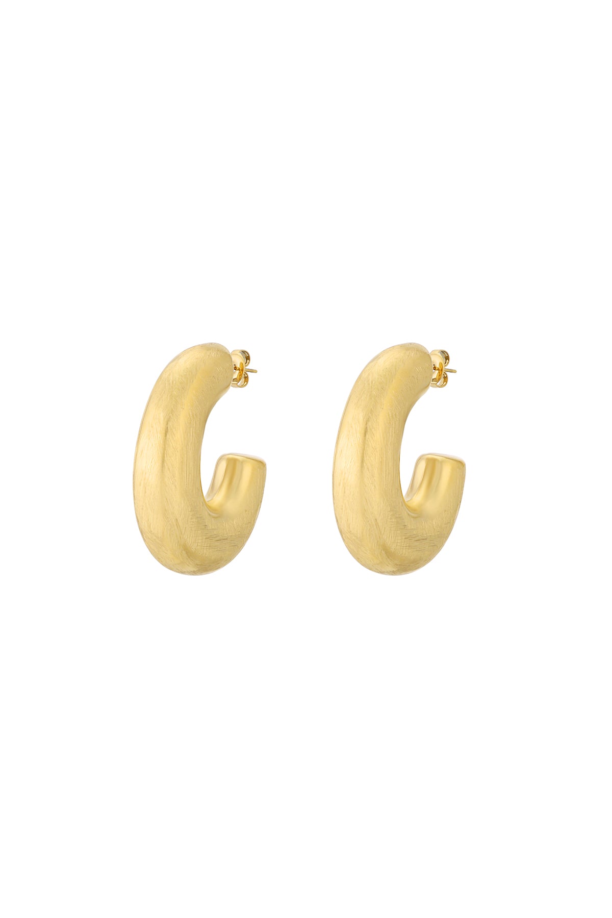 Pair of gold-colored, brushed finish hoop earrings with a geometric shape.