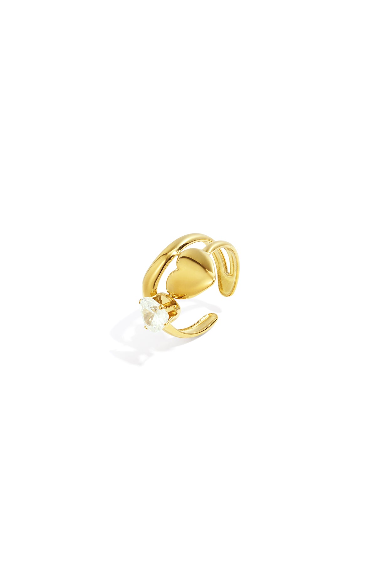 Gold ring with a heart shape and a clear zircon gemstone.
