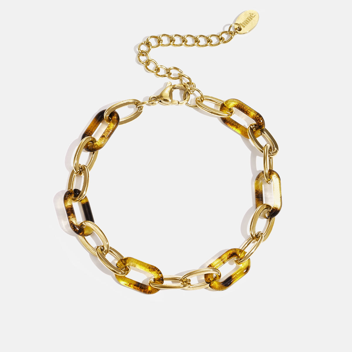Savannah Chain Bracelet with gold links and tortoise shell resin links.