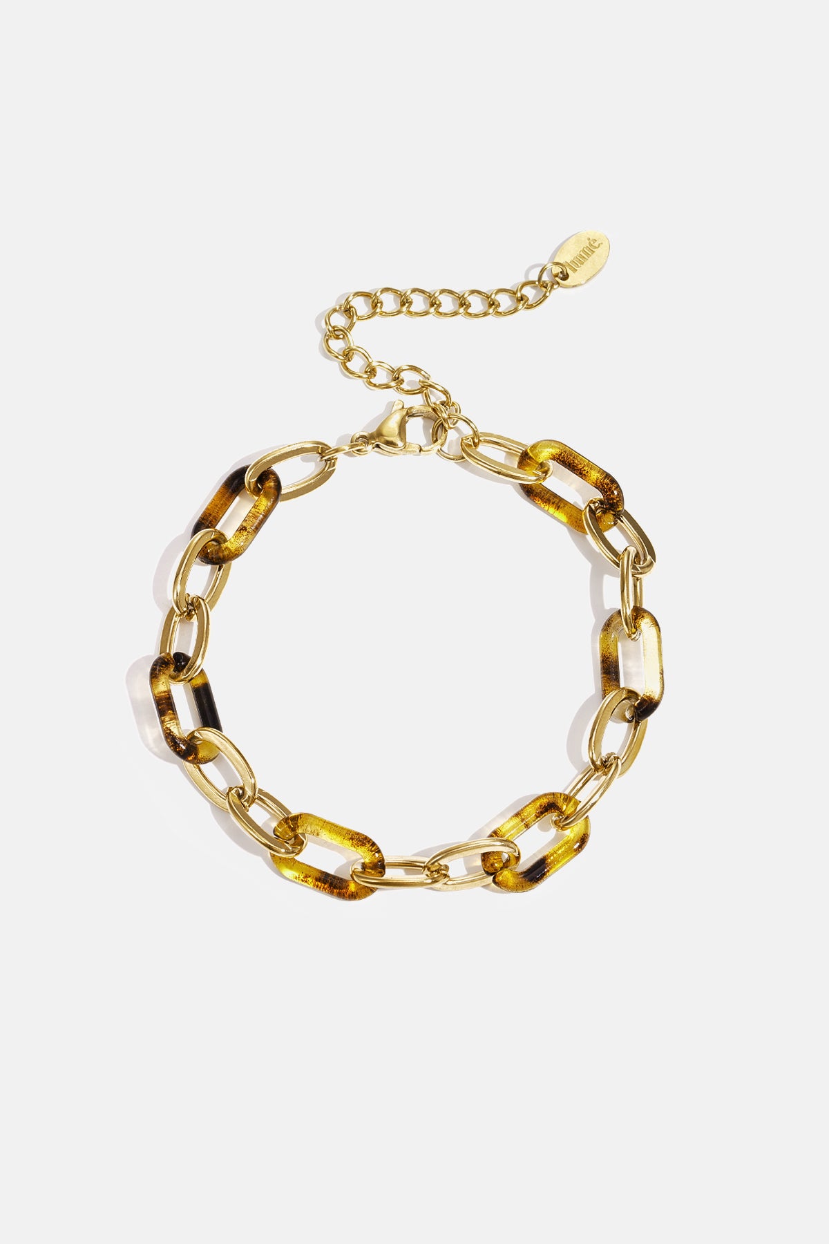 Savannah Chain Bracelet with gold links and tortoise shell resin links.