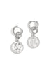 Silver hoop earrings with coin charms featuring a profile of Mercury and a torch.