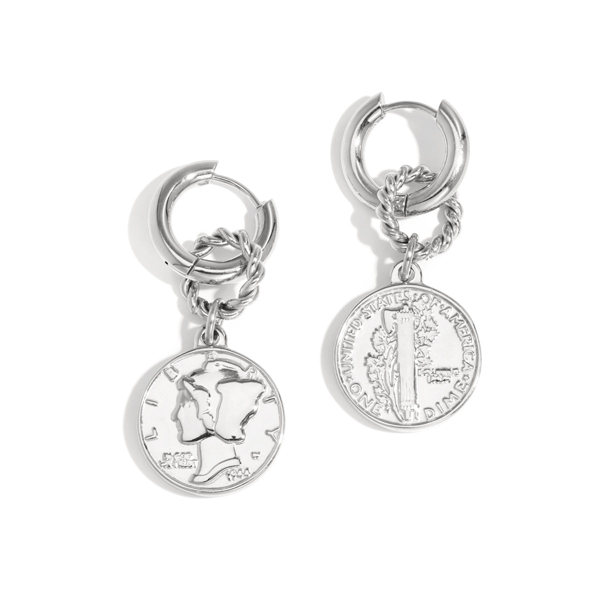 Silver hoop earrings with coin charms featuring a profile of Mercury and a torch.