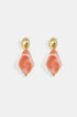 Pair of orange irregular diamond-shaped earrings with gold oval tops.