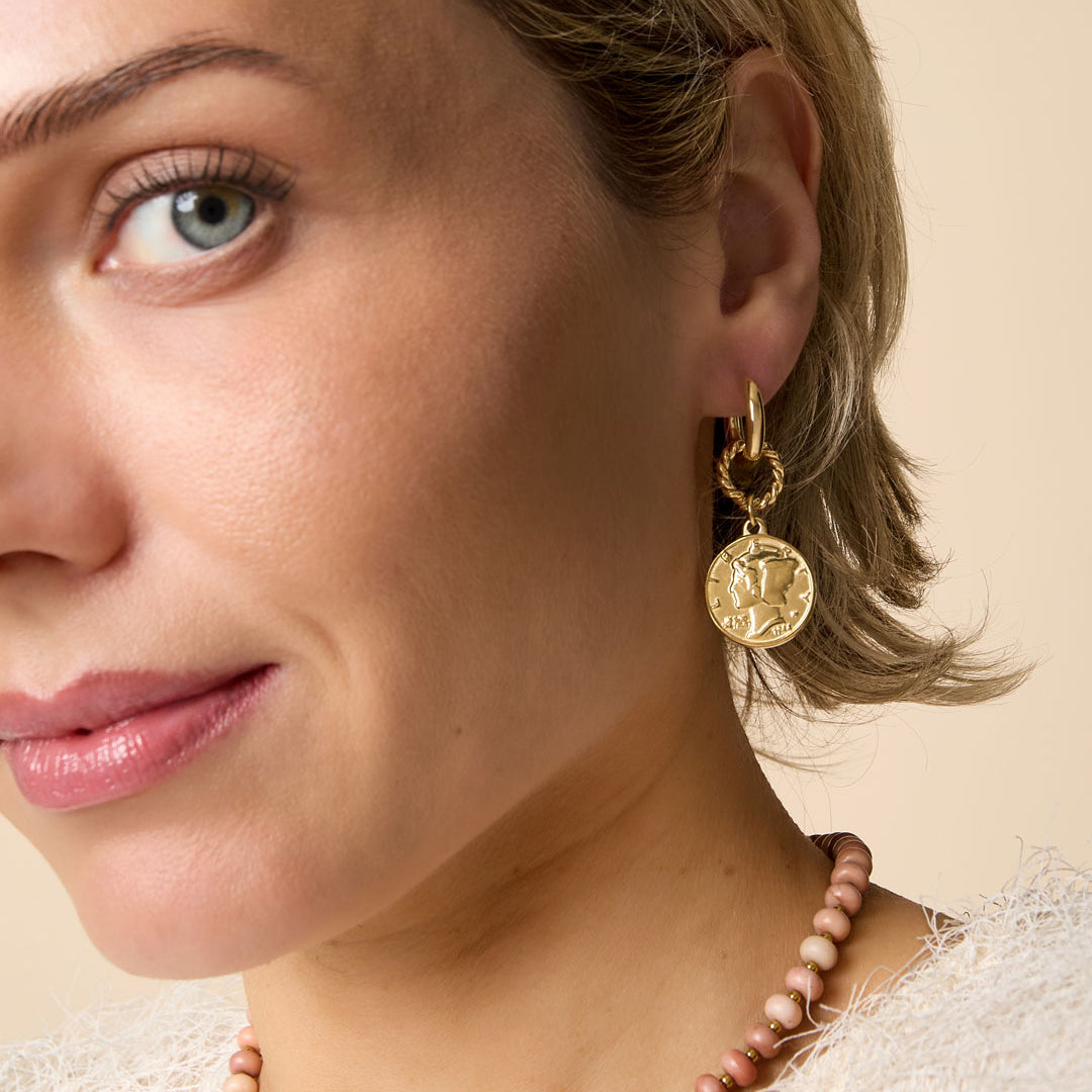 Gold Elysian drop earrings with coin pendant and beaded necklace.