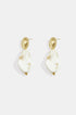 Gold stud earrings with oval textured tops and irregular white and amber marbled drop pendants.