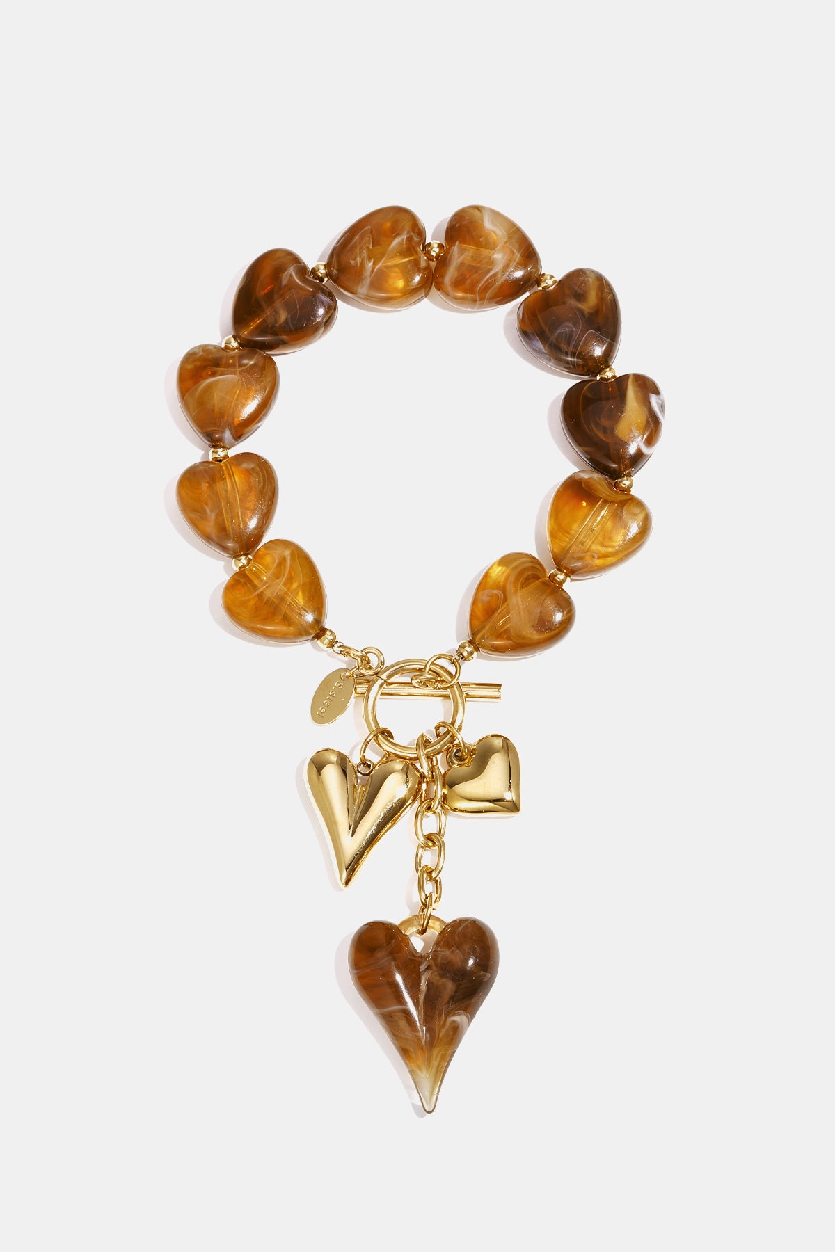 Heart Charm Beaded Bracelet with gold accents and brown heart beads.