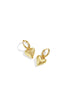 Gold heart drop earrings with a brushed finish, casting a shadow on a white background.