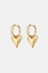 Gold heart drop earrings with oval hoops, brushed finish.