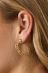 Gold-toned chain link hoop earrings worn on a person's ear.