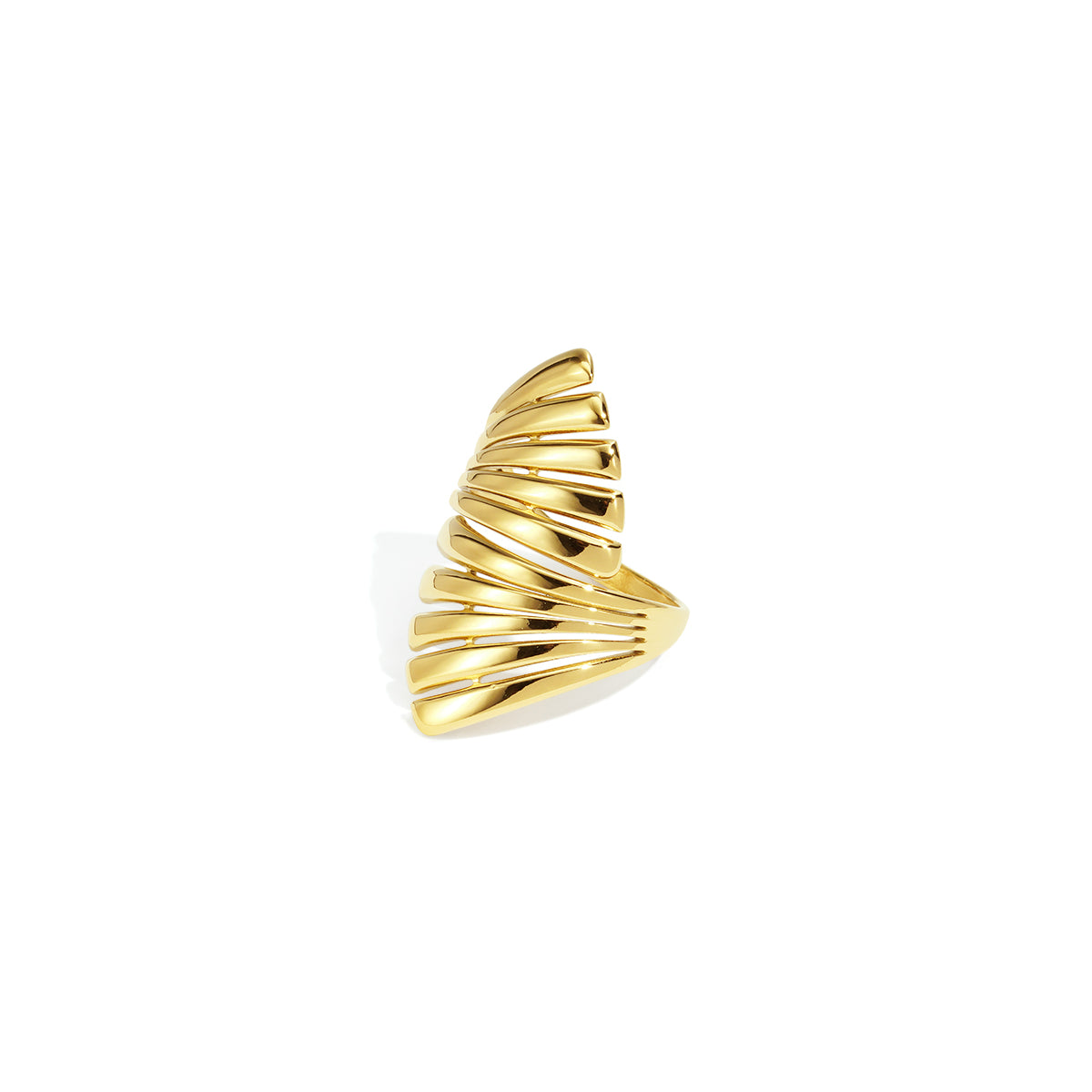 Irregular gold-toned statement ring with layered, curved metal.