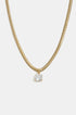 Gold herringbone chain necklace with a square-cut clear crystal pendant.