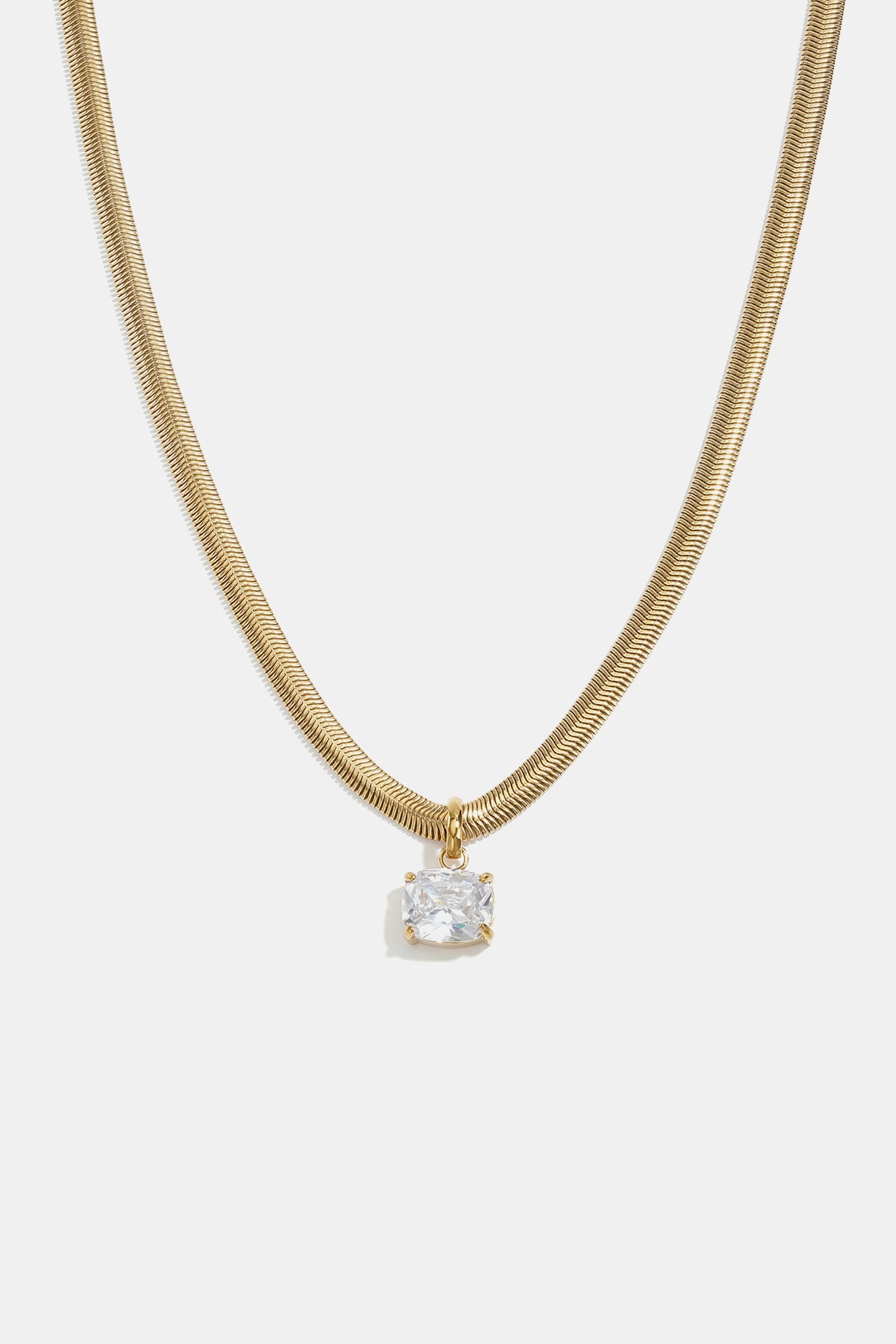 Gold herringbone chain necklace with a square-cut clear crystal pendant.