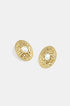 Gold oval stud earrings with a hammered texture and a pearl in the center.