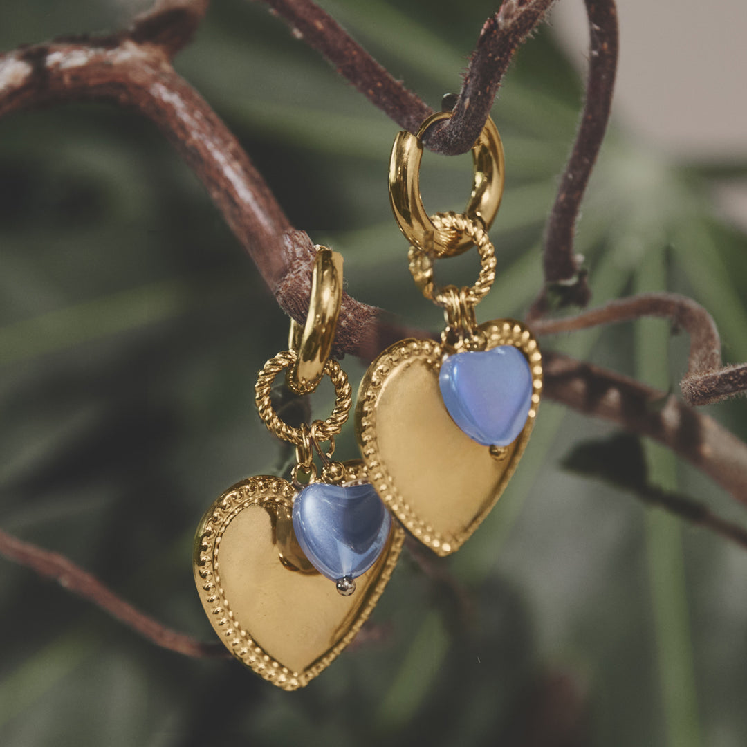 Gold hoop earrings with blue heart-shaped pendants hanging from a branch.