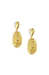 Gold irregular drop earrings with a spiral design and a teardrop stud.