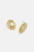Gold oval stud earrings with hammered texture and a pearl accent.