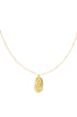 Gold necklace with a long chain and an oval pendant featuring a spiral design.