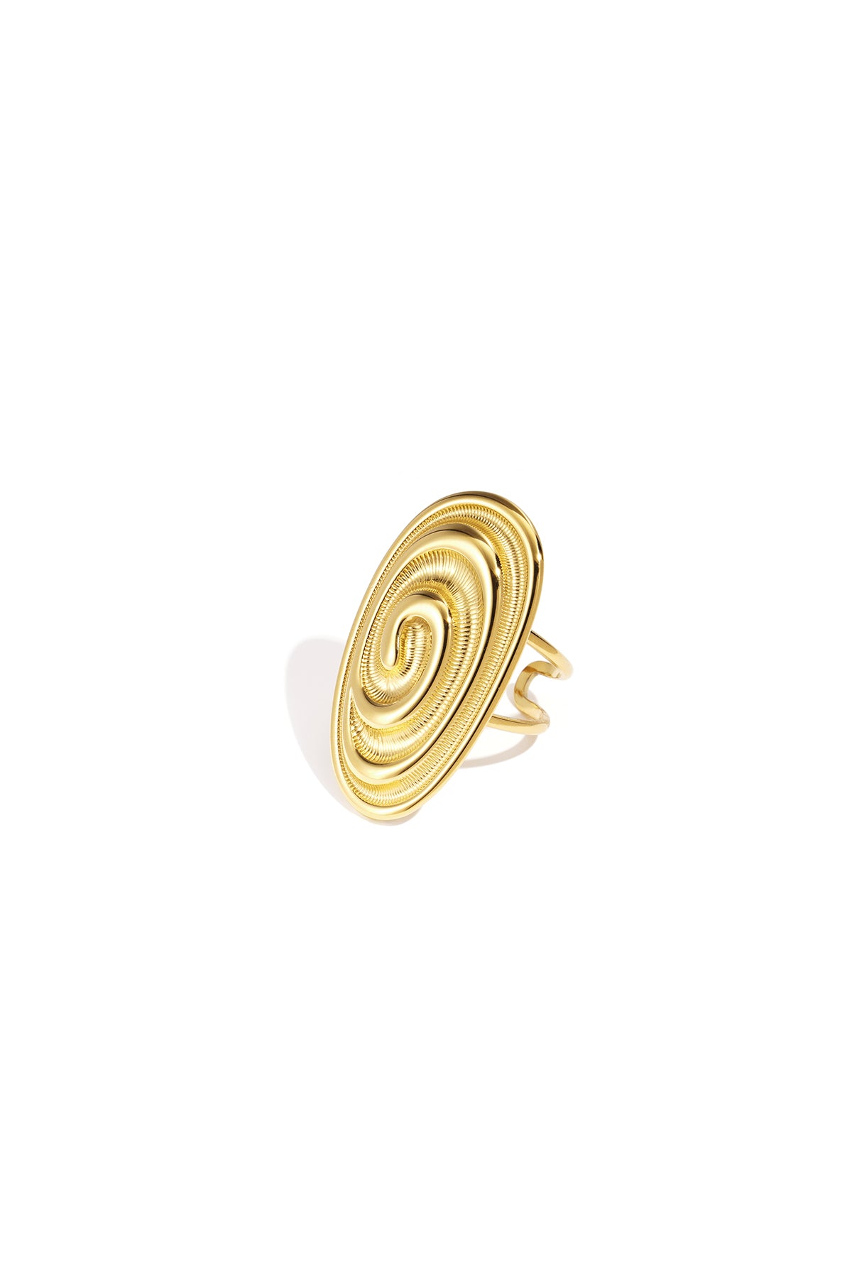 Gold ring with an oval, spiral-shaped design and an adjustable band.