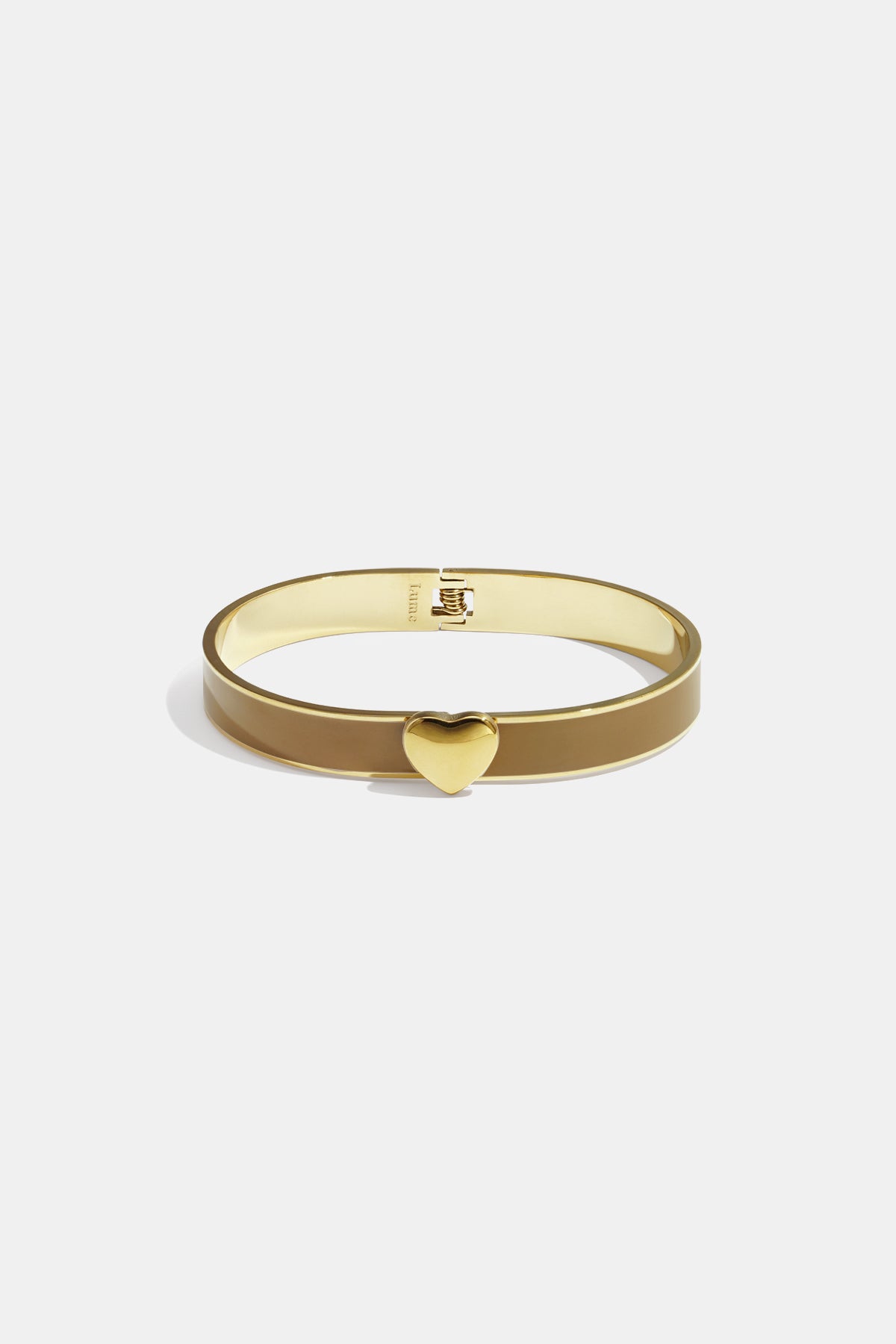 Gold-tone bangle with a khaki enamel band and a gold heart charm.