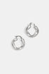 A pair of silver irregular circle hoop earrings with a textured finish, displayed on a white background.