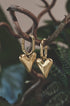 Gold heart drop earrings hanging from a branch.