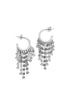 Silver hoop earrings with multiple strands of dangling circular charms.