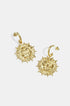 Gold-toned hoop earrings with dangling sun face charms.