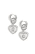 Silver heart drop earrings with a starburst rhinestone detail and double hoop.