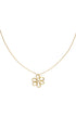 Gold necklace with a delicate flower pendant adorned with small pearls.