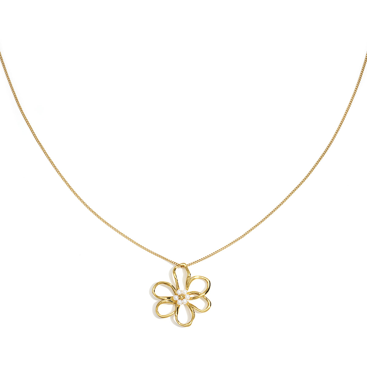 Gold necklace with a delicate flower pendant adorned with small pearls.