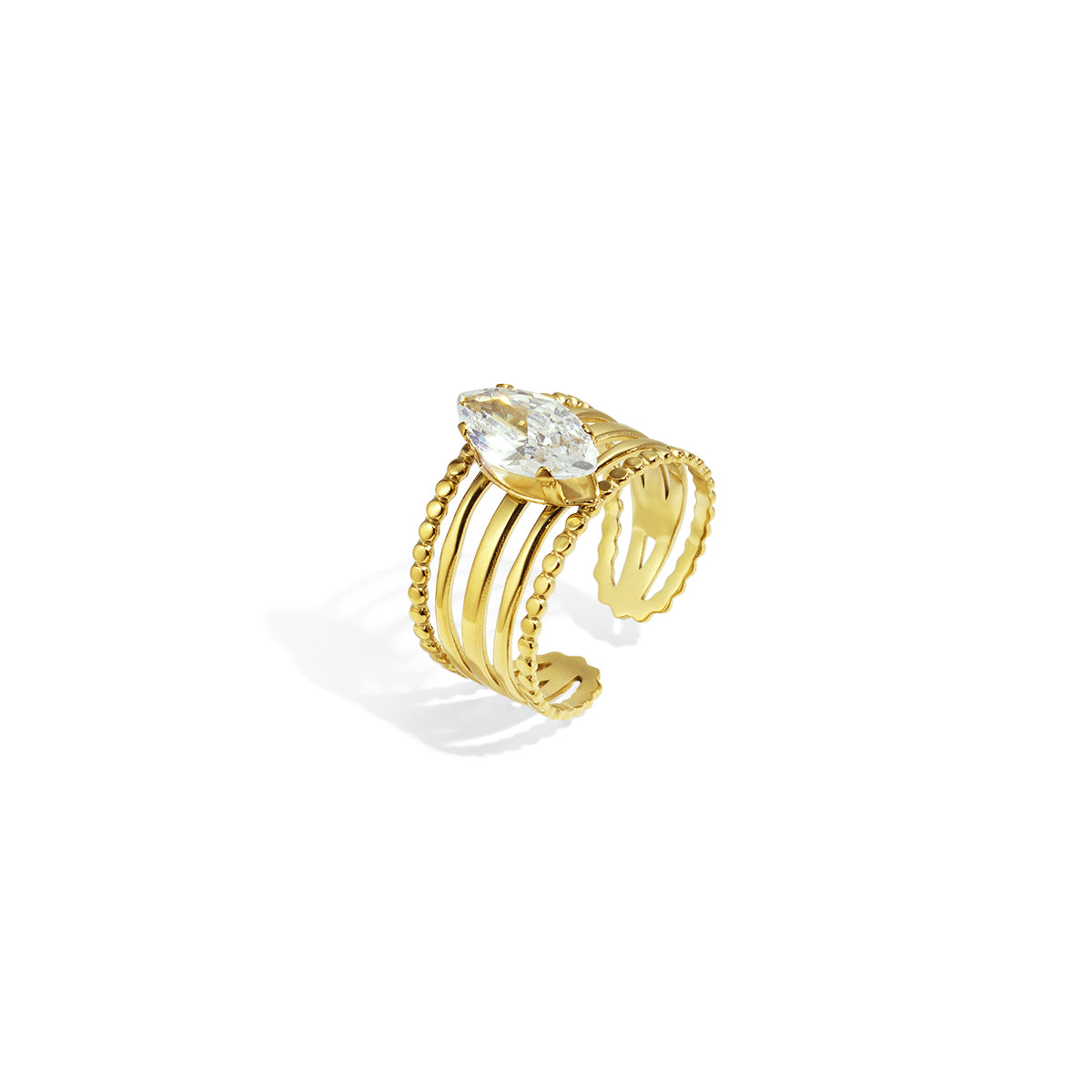 Gold adjustable ring with a marquise-cut clear stone and beaded accents.