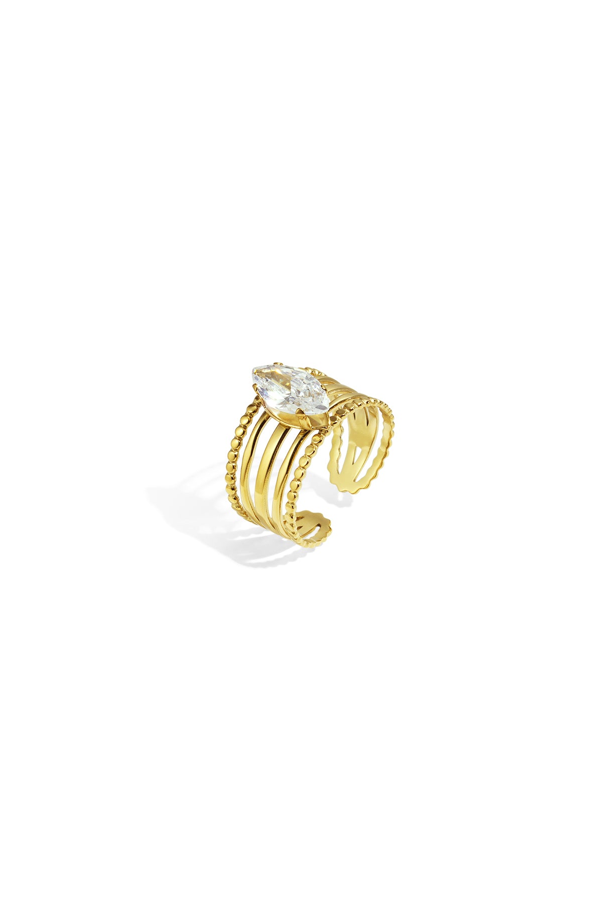 Gold adjustable ring with a marquise-cut clear stone and beaded accents.