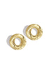 Two gold-colored, textured, circular Aura Statement Earrings on a white background.