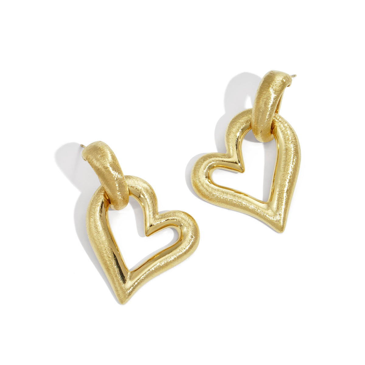 Gold heart drop earrings with a textured finish and a post backing.