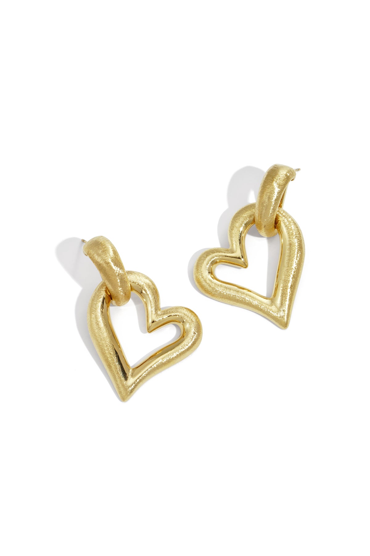 Gold heart drop earrings with a textured finish and a post backing.